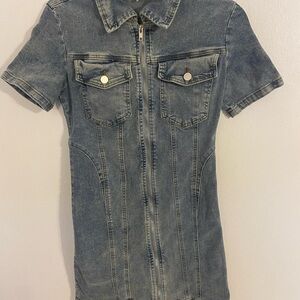 Denim Short Sleeve Zip-Up Dress